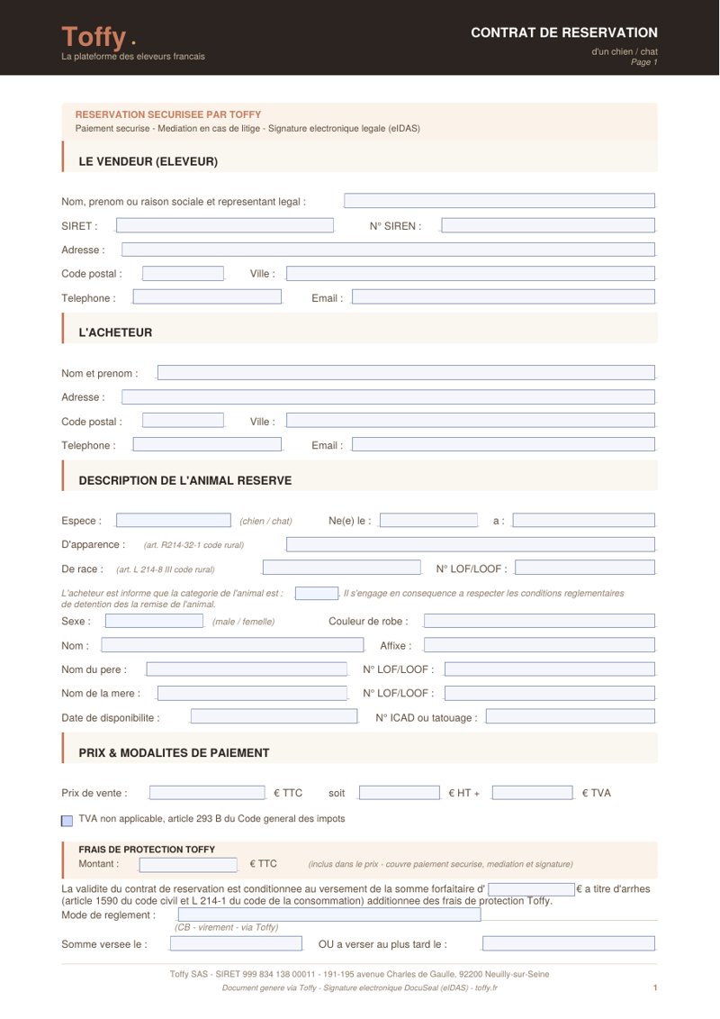 Contrat de réservation Toffy